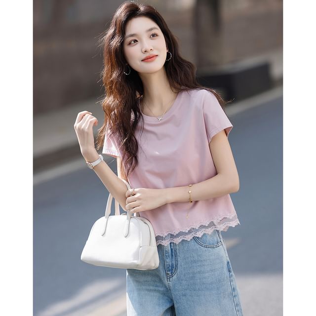 Crew Neck Lace Panel Short Sleeve Tee