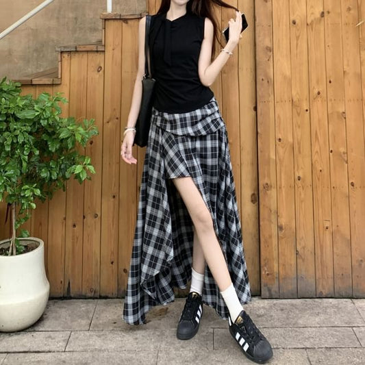 Tie-Up Sleeveless Top with Elastic-Waist Plaid Asymmetric Maxi Flared Skirt
