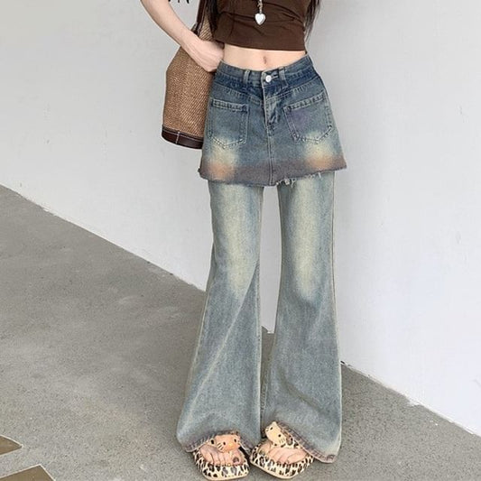 Mid-Rise Washed Flared Jeans with Overlay Detail