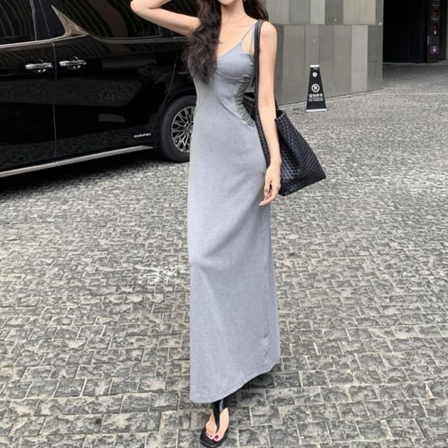 Spaghetti Strap Mock Two Piece Panel Lace Maxi Sheath Dress