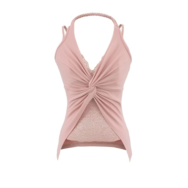 Halter V-Neck Lace Panel Knotted Slim Tank Top