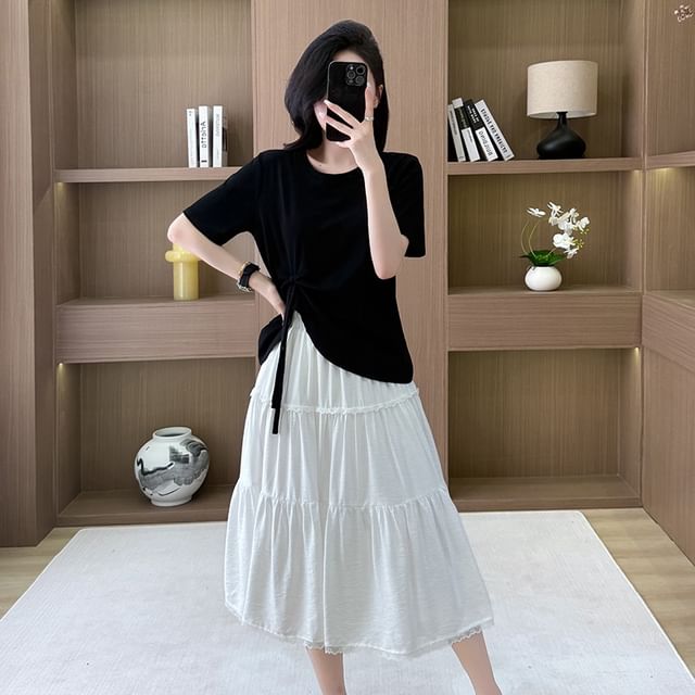 Crew Neck Asymmetrical Tie-Up Tee + High Rise Tiered Lace A-Line Skirt Set