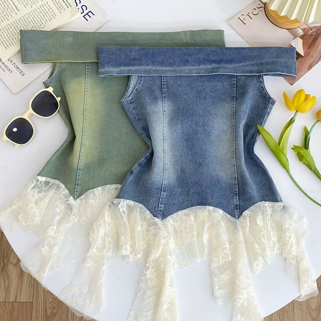 Off-Shoulder Asymmetrical Lace Panel Denim Tank