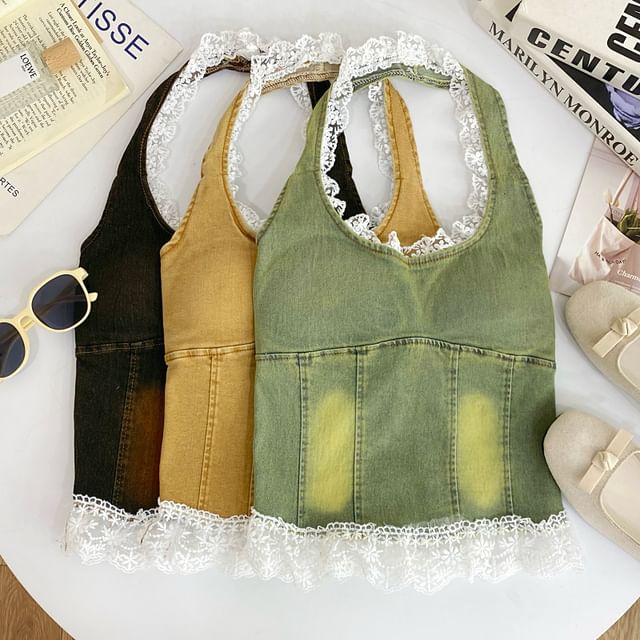 Halter Lace Trim Denim Padded Slim Fit Tank