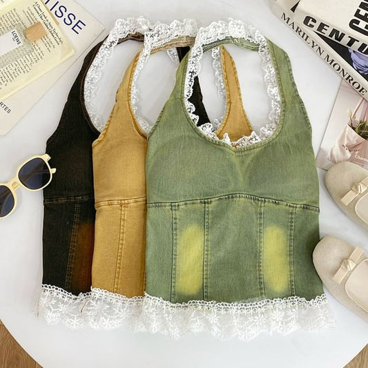 Halter Lace Trim Denim Padded Slim Fit Tank