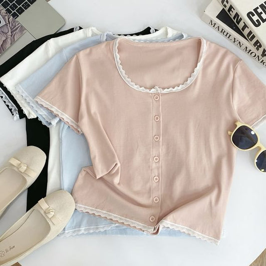 Short-Sleeve Square Neck Lace Trim Button Tee