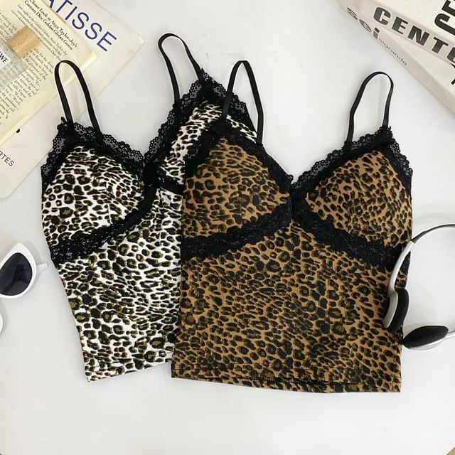 Leopard Print Lace Trim Crop Slim Fit Cami