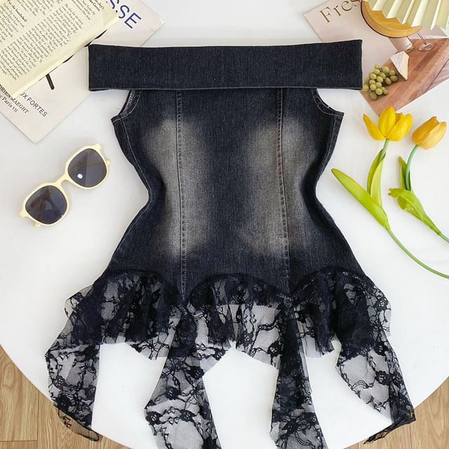 Off-Shoulder Asymmetrical Lace Panel Denim Tank