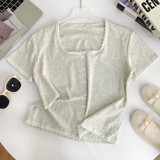 Short-Sleeve Square Neck Lace Trim Button Tee