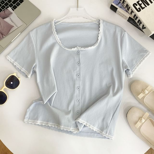 Short-Sleeve Square Neck Lace Trim Button Tee