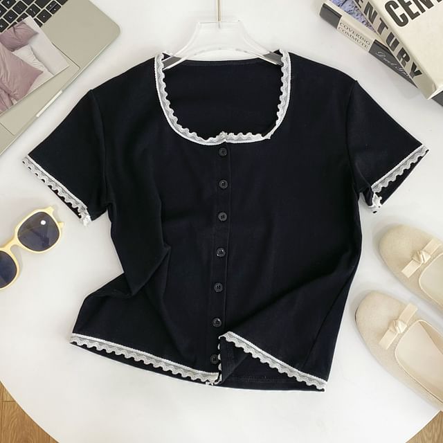 Short-Sleeve Square Neck Lace Trim Button Tee