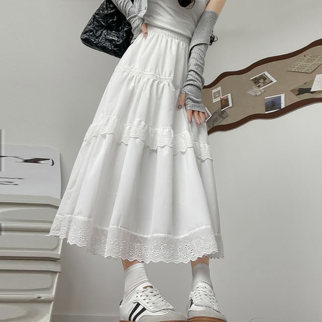 Elastic-Waist Lace-Trimmed Tiered Midi Flared Skirt