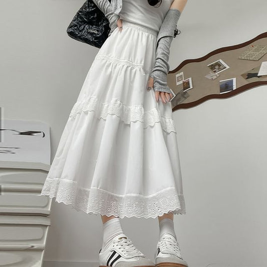 Elastic-Waist Lace-Trimmed Tiered Midi Flared Skirt