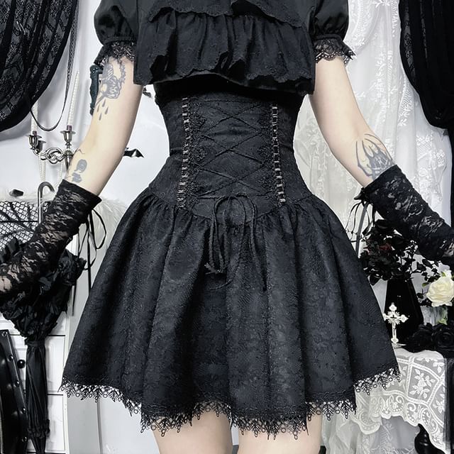 Short Sleeve Ruffle Blouse & High Waist Lace Mini Corset Skirt
