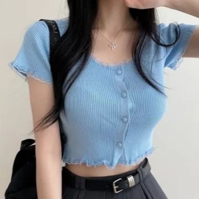 Scoop Neck Lace Ruffled Crop Top