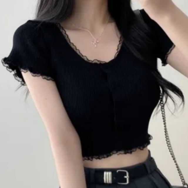 Scoop Neck Lace Ruffled Crop Top