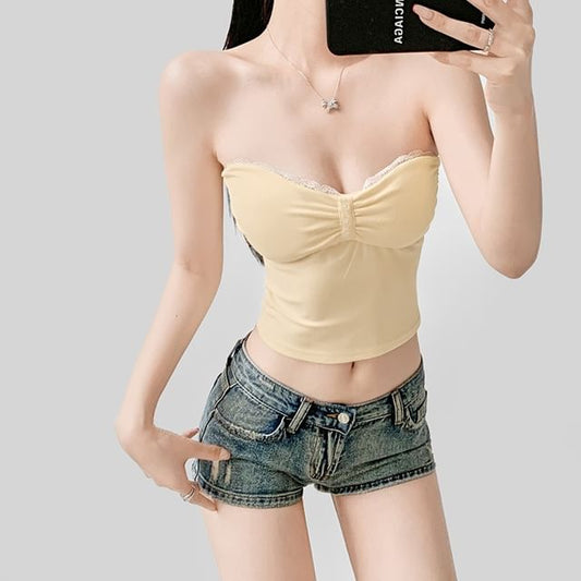 Lace Trim Ruched Padded Crop Tube