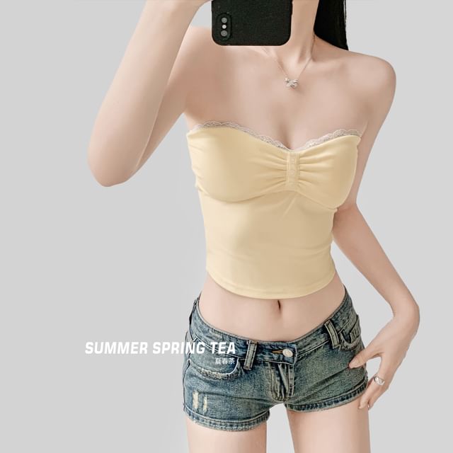 Lace Trim Ruched Padded Crop Tube