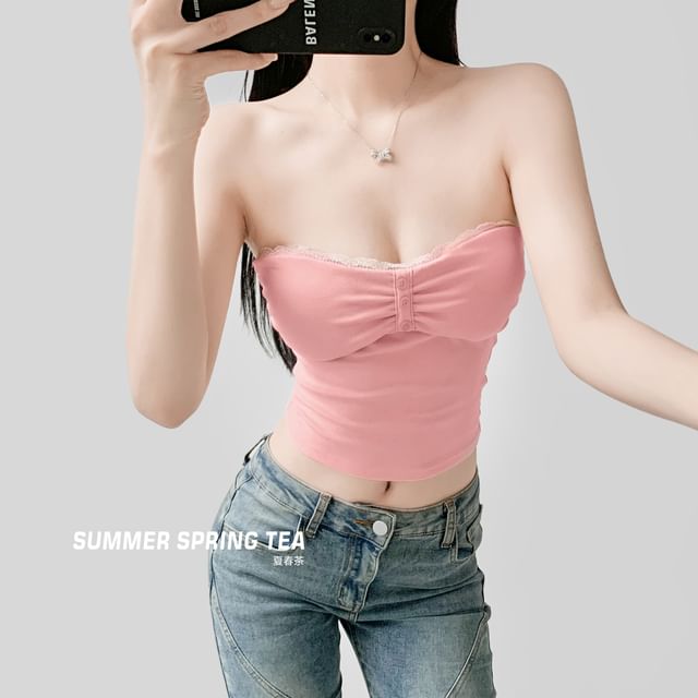 Lace Trim Ruched Padded Crop Tube