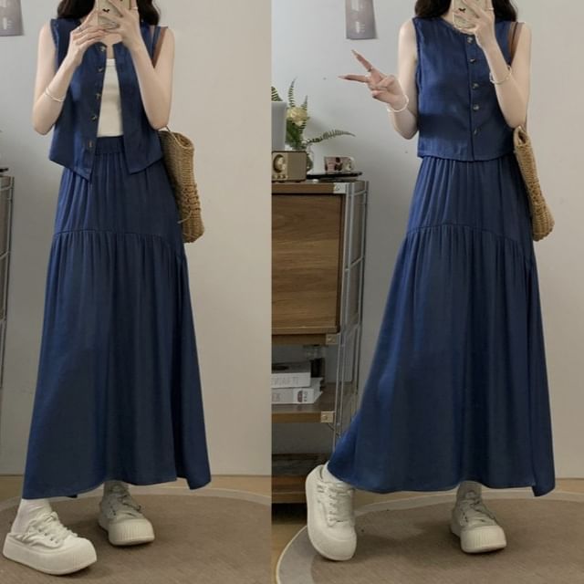 Set: Washed Denim Vest with High-Waist Gathered Maxi Flared Skirt