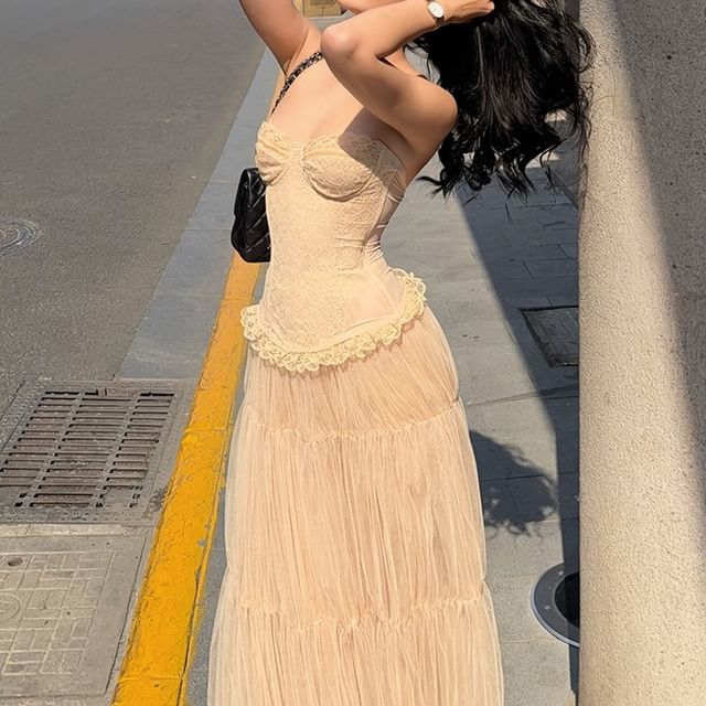 Lace Corset Tube Top with High-Rise Sheer Maxi Skirt