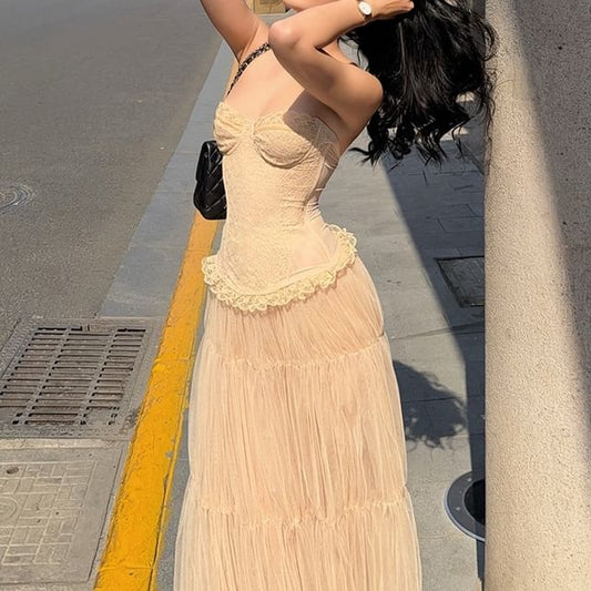 Lace Corset Tube Top with High-Rise Sheer Maxi Skirt