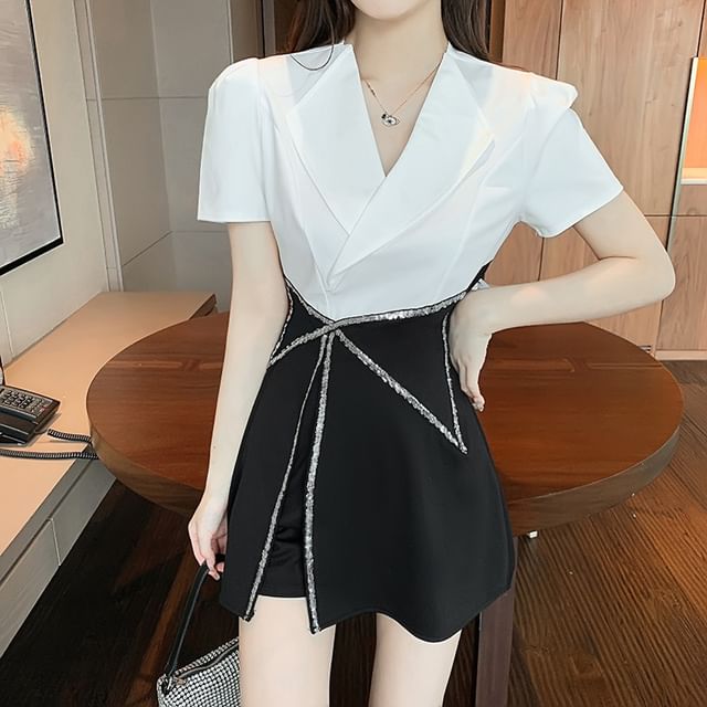 Lapel Collar Blouse + High Waist Sequin Contrast Skort Set