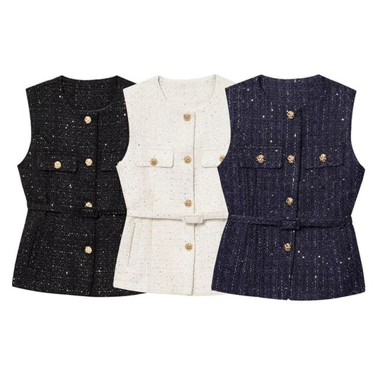 Sleeveless Round Neck Tweed Button Up Vest