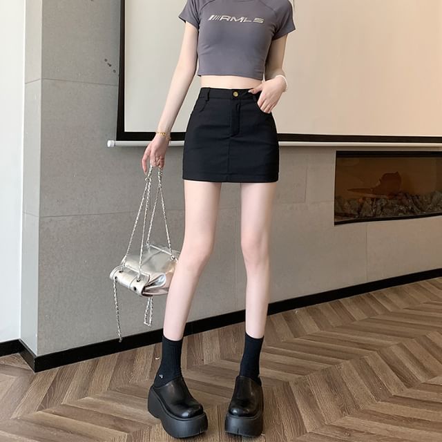 High-Waist Solid Mini Pencil Skirt