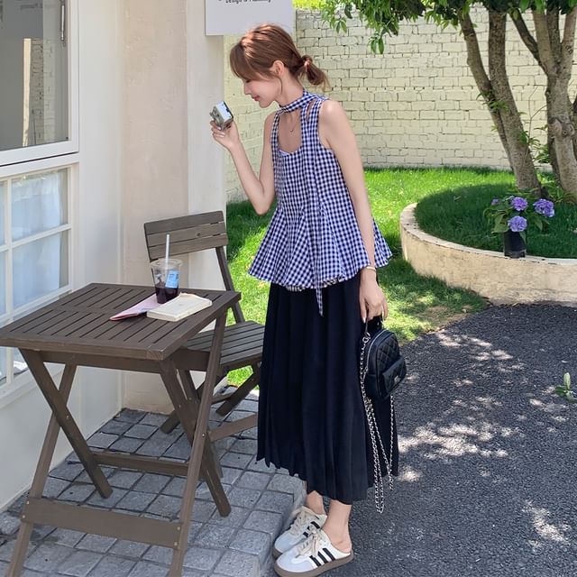 Scoop Neck Plaid Camisole & Midi Skirt Duo