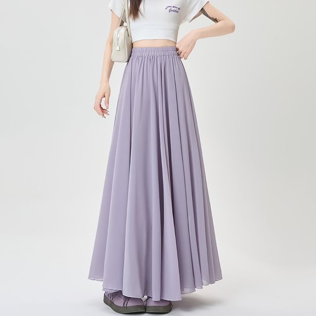 Flowing Solid Long A-Line Skirt with Stretch Waistband