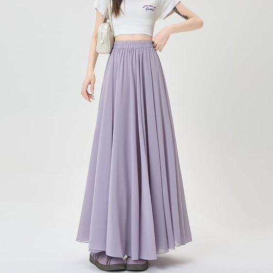 Flowing Solid Long A-Line Skirt with Stretch Waistband