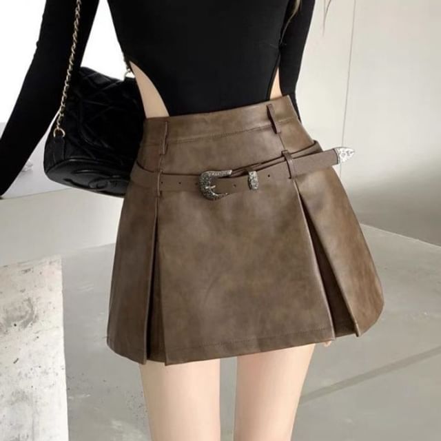 High-Rise Faux Leather Mini A-Line Skirt
