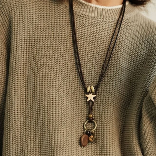 Star Bead Layered Cord Pendant Necklace