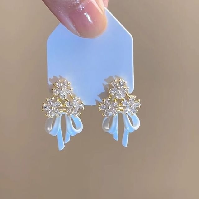 Alloy Bow Earring Floral Chandelier Rhinestone