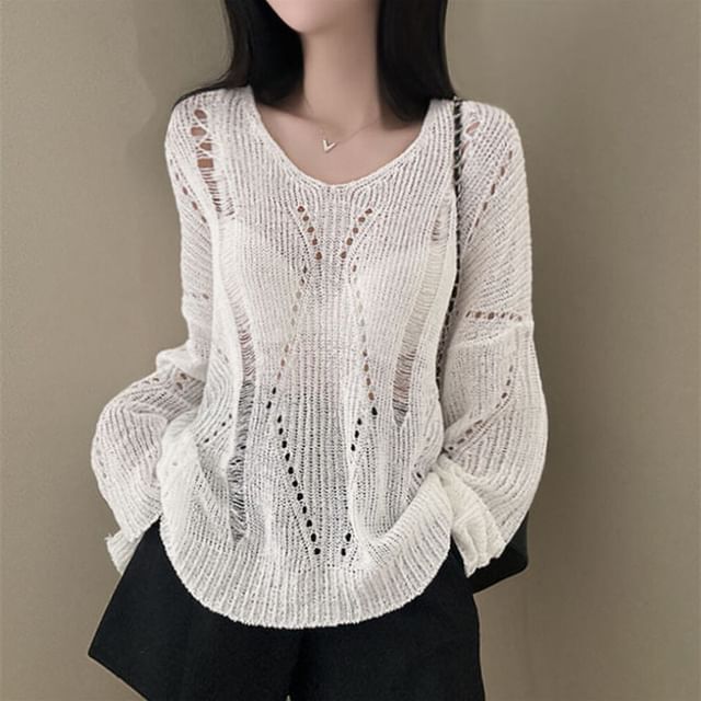 V-Neck Long-Sleeve Ribbed Knit Pullover Sweater