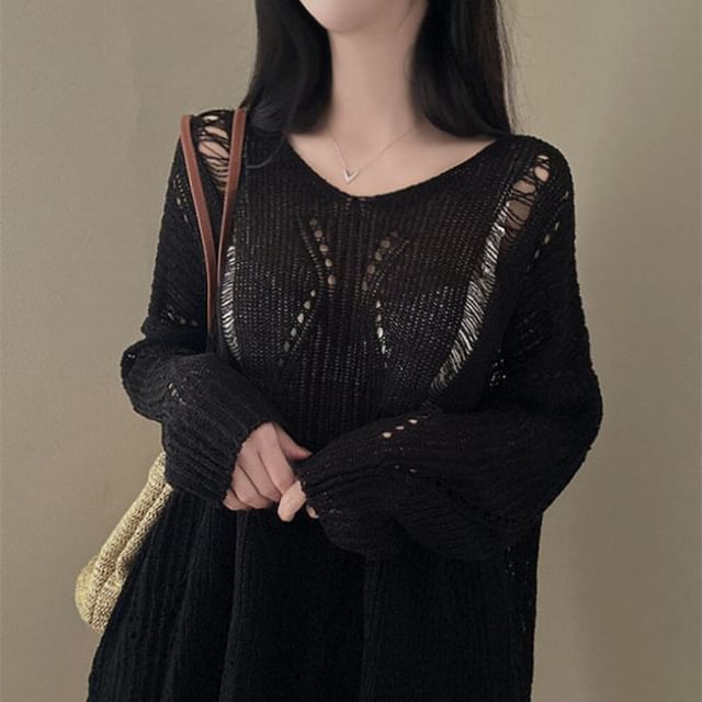 V-Neck Long-Sleeve Ribbed Knit Pullover Sweater
