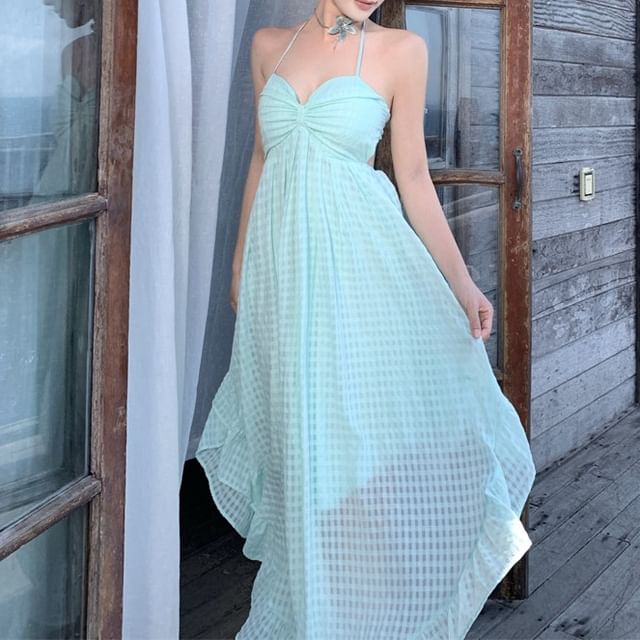 Spaghetti Strap Plain Open Back Maxi A-Line Sundress
