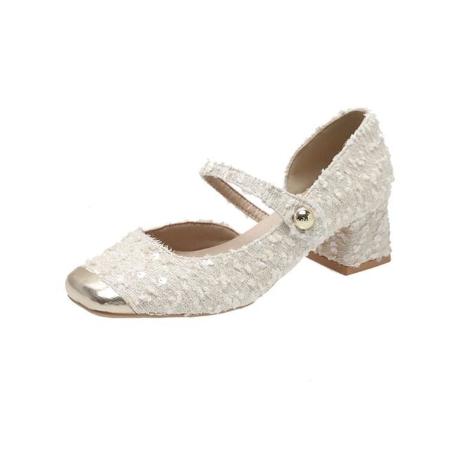 Tweed Toe Sequin Heel Mary Square Block Jane Pumps