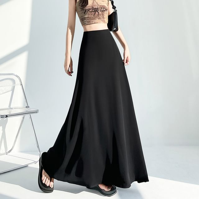 High-Waist Solid Maxi Flared Skirt