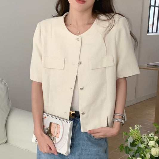Short Sleeve Round Neck Plain Tweed Slit Button Jacket