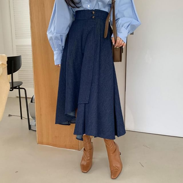 Collared Long-Sleeve Shirt with High-Waist Washed Asymmetric Midi Denim Flared Skirt