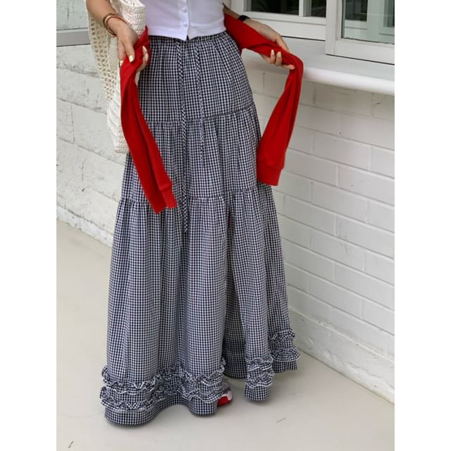 Elastic-Waist Tiered Slit Frill Maxi Flared Skirt