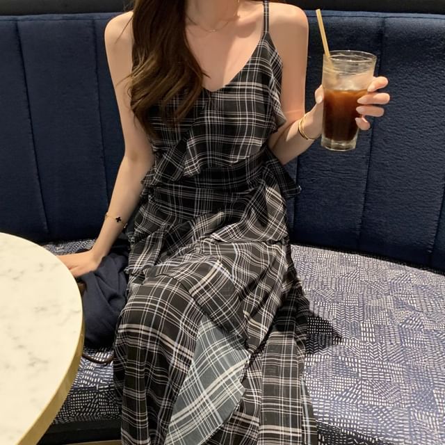 Spaghetti Strap Plaid Asymmetrical Ruffle Trim Midi A-Line Dress