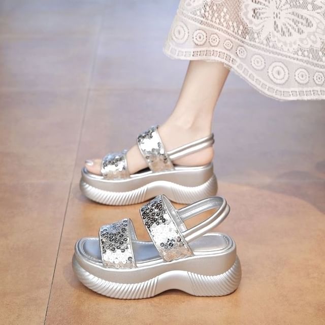 Platform Chunky Heel Sequined Sandals