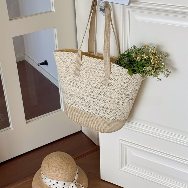 Tote Lace Straw Panel Bag