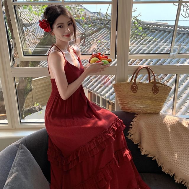 Spaghetti Strap V-Neck Plain Ruffle Tiered Maxi A-Line Dress