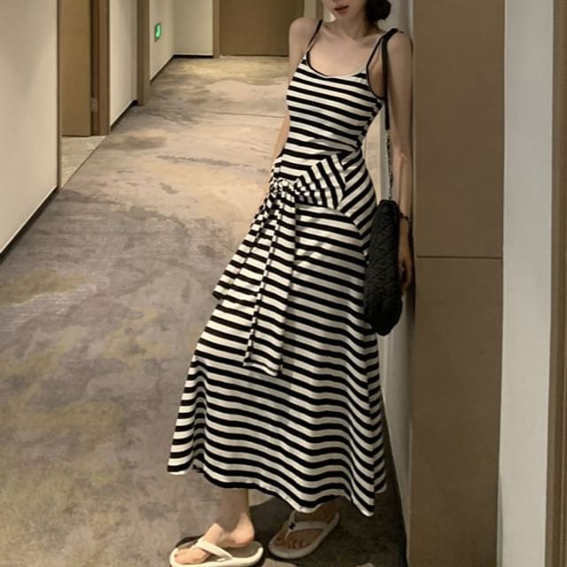 Spaghetti Strap V-Neck Striped Maxi A-Line Dress