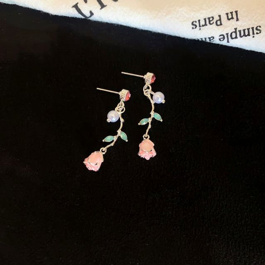 Pearl Earring Drop CZ Faux Flower