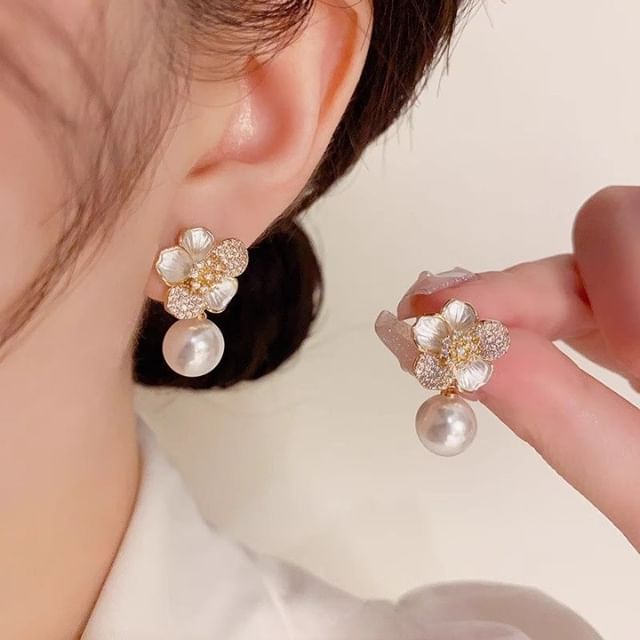 Pearl CZ Drop Earring Faux Flower